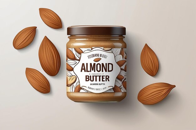 Photo premium almond butter label design organic quality product almond butter jar label illustration with realistic glass jar mockup