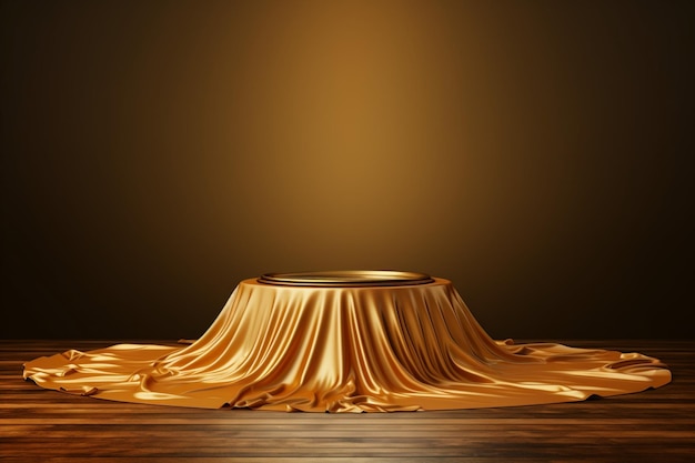 Premium backdrop Podium adorned with golden fabric atop setting a scene of luxury