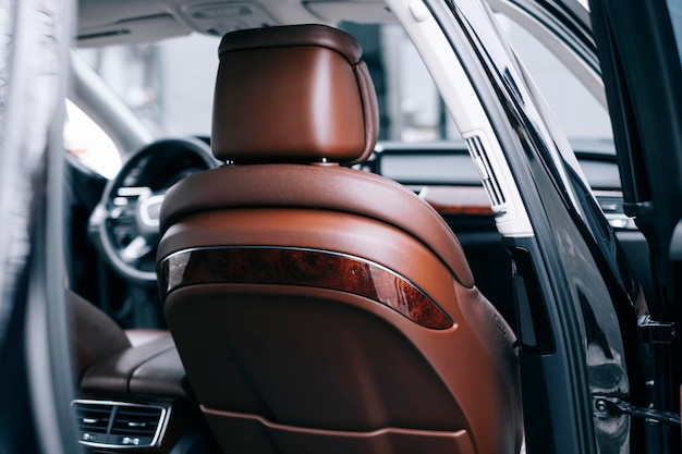 Premium car interior, brown perforated leather, decorative inserts the  interior,  leather steering.