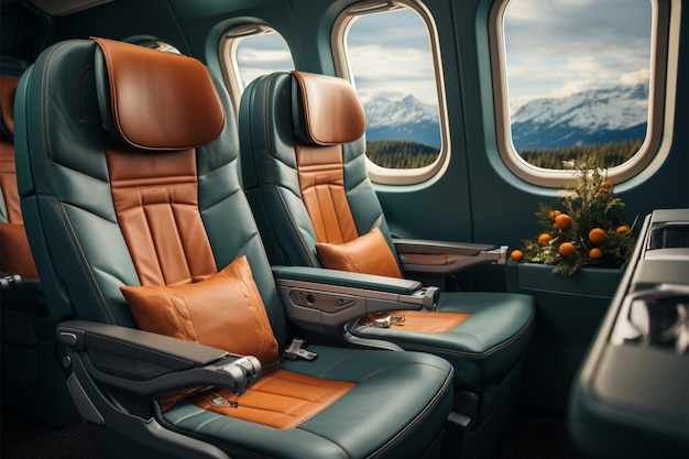 Premium comfort First class seats offer luxury for travel with expansive copy space