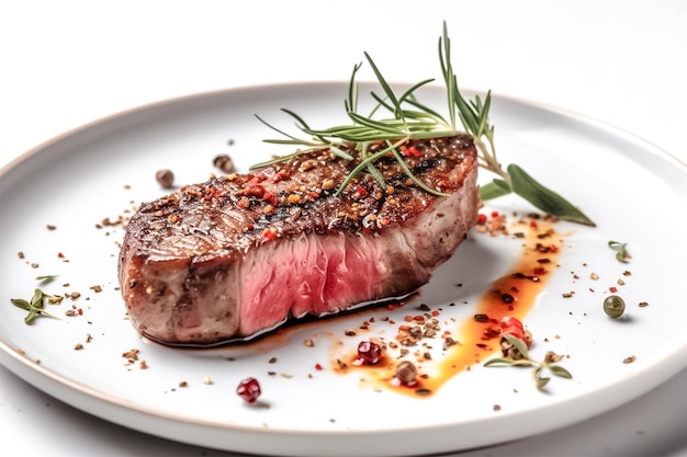 Premium cut steak on a white plate white background generative ai