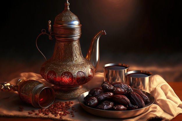 Фото Финики премиум-класса и арабский чайник для рамадана карима