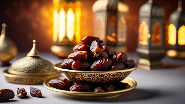 Premium dates are served on a table with an Arabic vibes decorated with several lanterns