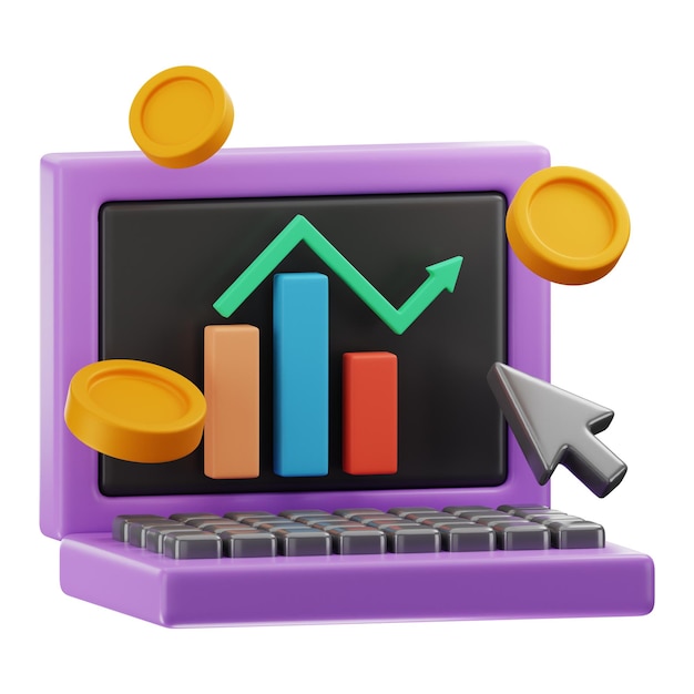 Premium digital marketing computer statistic icon 3d rendering on isolated background