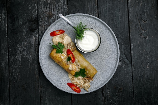 Premium dishes on a wooden black table