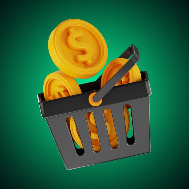 Premium finance dollar coin shopping cart icon 3d rendering on isolated background