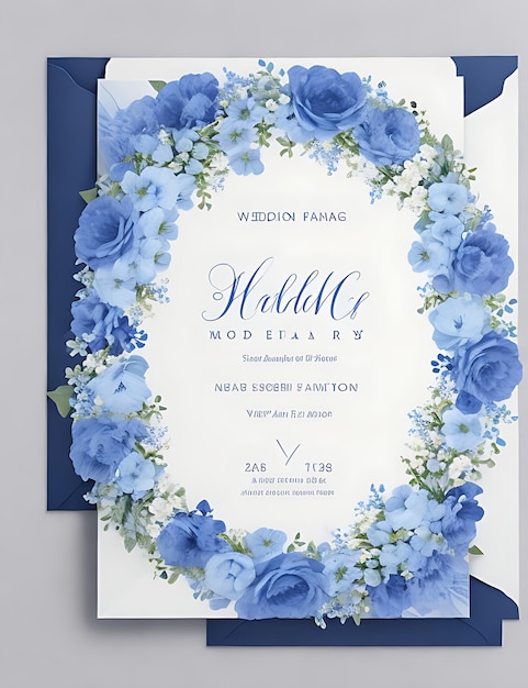 Premium Floral Wreath Wedding Invitation Template Modern Elegant blue Flowers