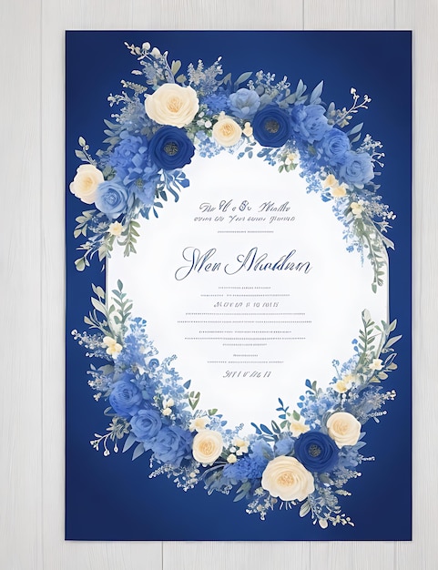 Premium Floral Wreath Wedding Invitation Template Modern Elegant blue Flowers