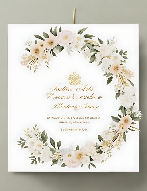 Foto modello di invito a nozze con ghirlanda floreale premium fiori dorati eleganti moderni