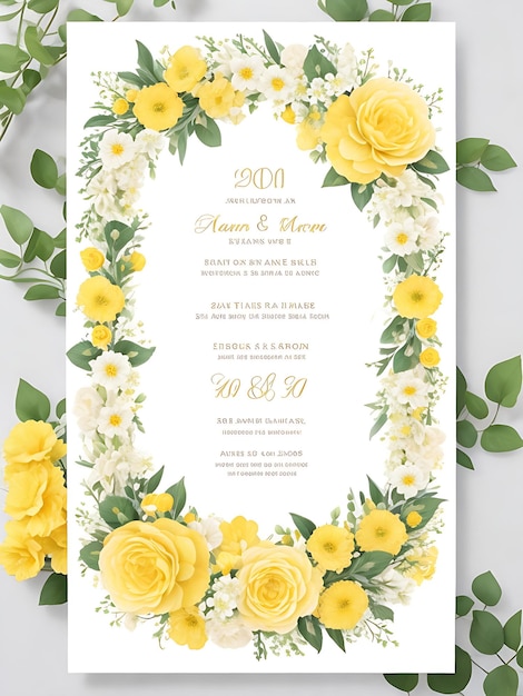 プレミアム フローラル リース結婚式招待状テンプレート モダンでエレガントな黄色の花