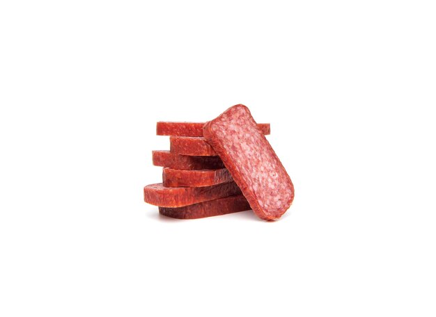 Premium gerookte droge en rijpende salami worst stick met varkensvlees en wild zwijn geïsoleerd op een witte achtergrond