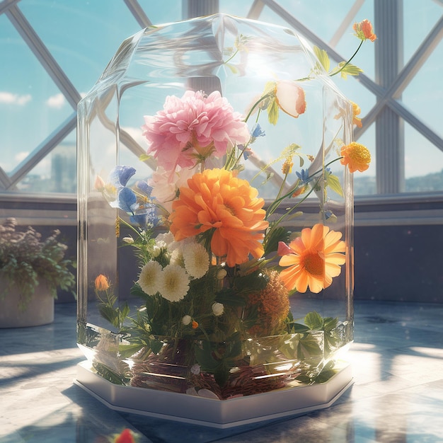 Premium glass round house flower garden images Generative AI