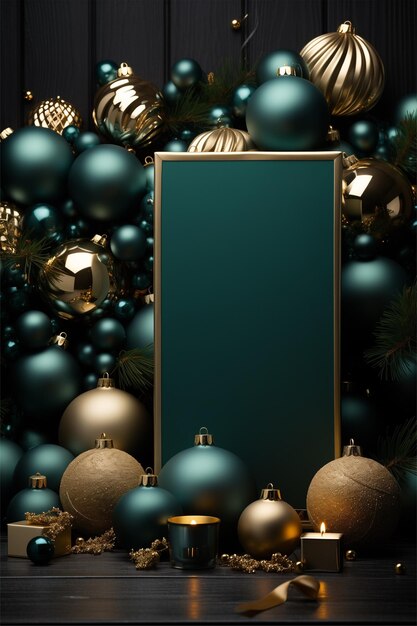 Foto decorazioni a cornice oro e verde premium per eventi di capodanno e natale luci bokeh e ornamenti