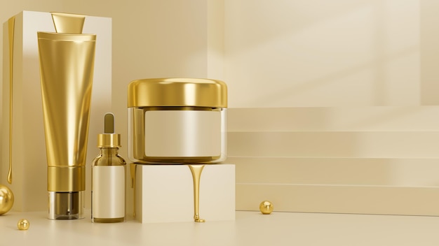 Premium gouden pakket met lotion tube serum druppelflesje en een potje crème 3d render