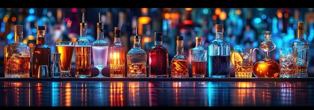 Premium Liquor Selection on Glossy Bar Surface Banner