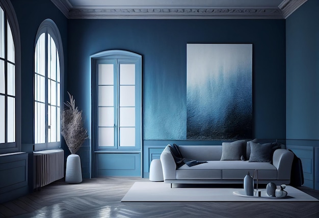 Premium livingroom in blue tones trend Empty wall for art blank backgroundGenerative AIxAxA