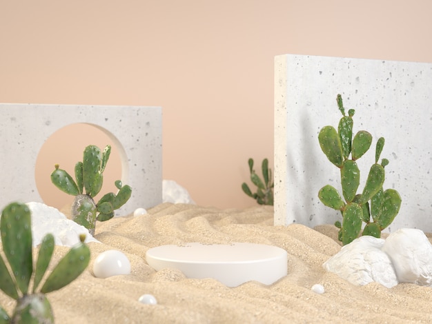 Premium mockup wit podium op zandgolf met groene tropische cactusplanten en rotsachtergrond 3d render