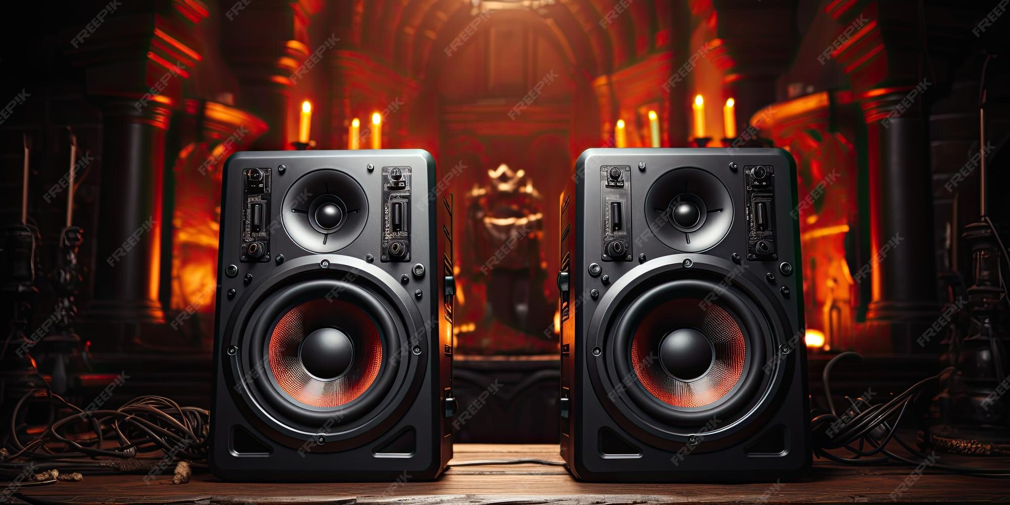  A pair of black headphones and speakers with orange speaker cones sit on a wooden table in front of a blurred background of a church with candles.