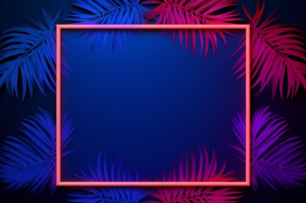 Premium nightlife design neon square frame with blue and pink tropical plants ultraviolet