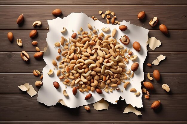 Premium nuts ads on wooden table with torn paper in 3d illustration