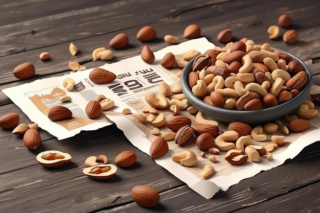 Premium nuts ads on wooden table with torn paper in 3d illustration