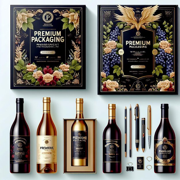 Photo premium packaging wine label professional set elevate your product designs with realistic precision