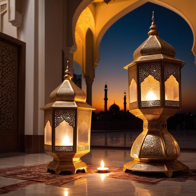 Premium photo ramadan kareem eid mubarak free photo mosque lamp in the evening AI generated