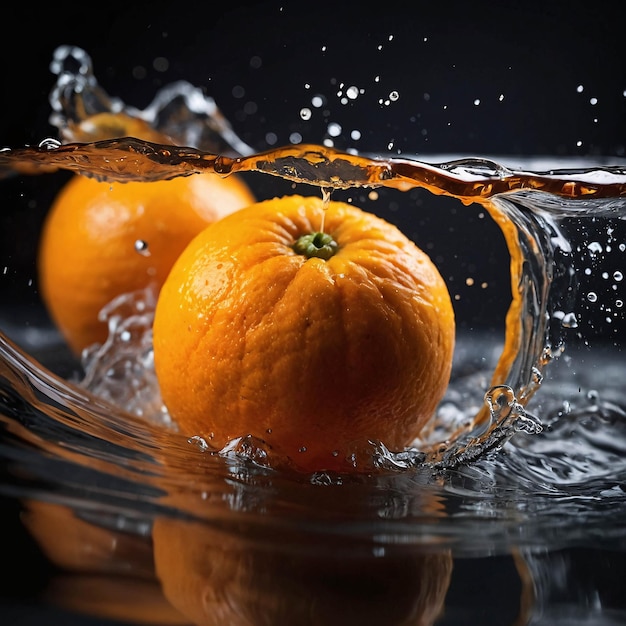 Фото премиум-зрелые апельсиновые фрукты, брызгающие водой свежий фон Рекламный шаблон