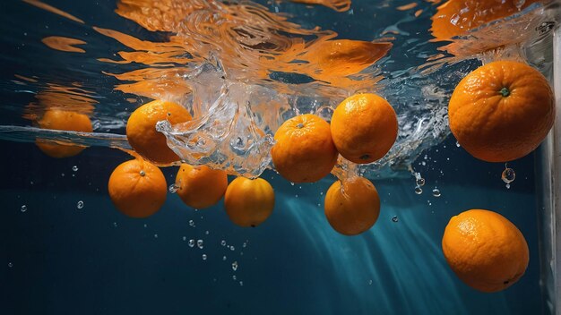 Photo premium photo ripe orange fruit splashing with water fresh background advertisement template