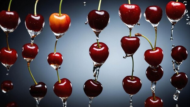 사진 프리미엄 사진 익은 빨간 체리 과일 물 신선한 배경 광고 템플릿