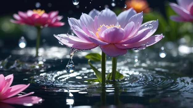 Premium photo of vibrant colorful water lily lotus flower on a pond or lake with water splash