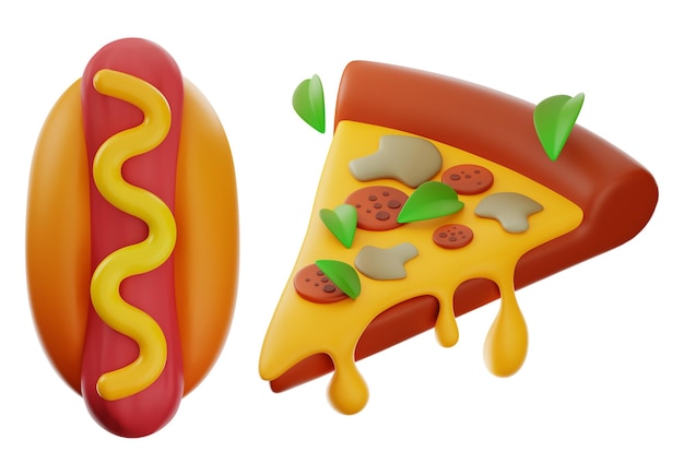 premium pizza en hotdog eten pictogram 3D-rendering op geïsoleerde achtergrond