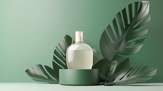 Sfondo podio premium per la presentazione del prodotto cosmetico con foglia di pianta tropicale verde bottiglia per prodotti per il trattamento di bellezza