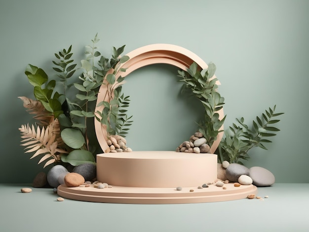 Premium podium made of paper on a pastel background with plant branchesleaves pebbles and natural
