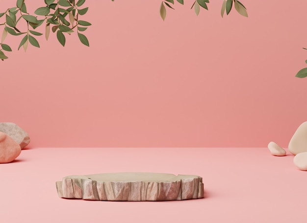 Премиум-подиум из бумаги на пастельном фоне с ветвями растений, оставляющими гальку