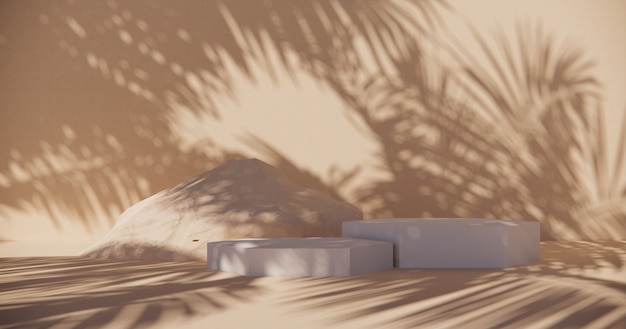 パステルカラーのプレミアム表彰台製品ディスプレイ用の背景、壁に枝と影のある抽象的な幾何学的構成-3Dレンダリング。展示会のモックアップ。昇進。