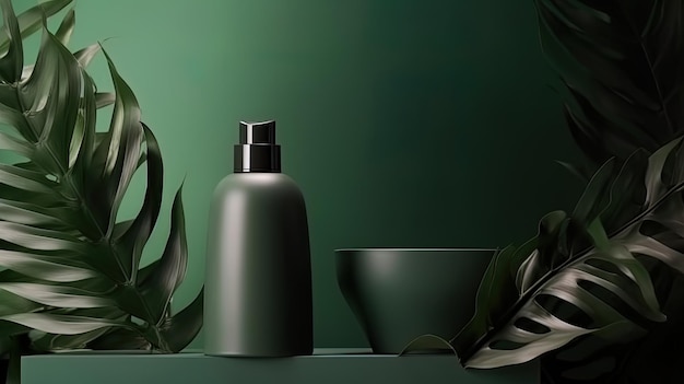Premium podiumachtergrond voor de presentatie cosmetisch product met flessengroen tropisch plantenblad voor schoonheidsbehandelingsproducten