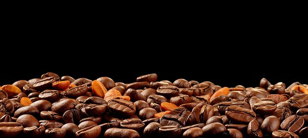 Premium roasted coffee beans on elegant black background banner for coffee lovers and cafes