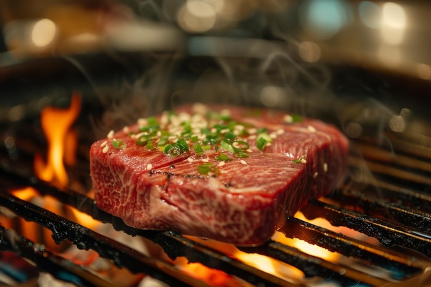 Premium steak grilling over an open flame