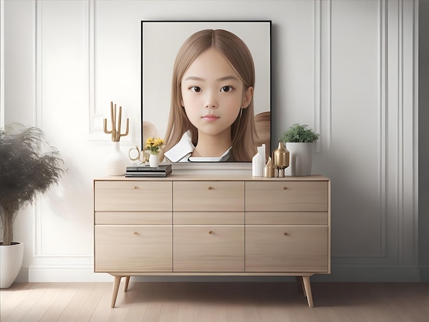 Premium Wood Sideboard and Radiant Portrait in a Light Brown Color