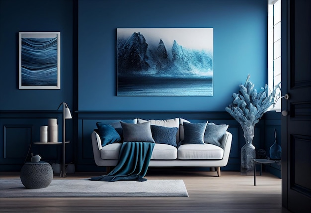 Premium woonkamer in blauwe tinten trend Lege muur voor kunst lege achtergrond Generatieve AIxAxA