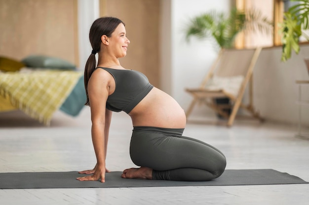 Prenatal Yoga Young Pregnant Woman Training On Fitness Mat At Home