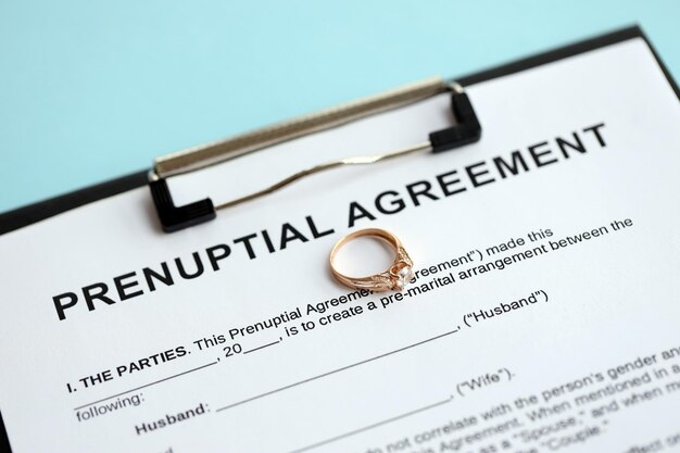 写真 婚前契約と結婚指輪はテーブルに 婚前書類の処理は近づいています