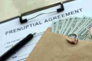 Photo prenuptial agreement and wedding ring on table premarital paperwork process in usa close up