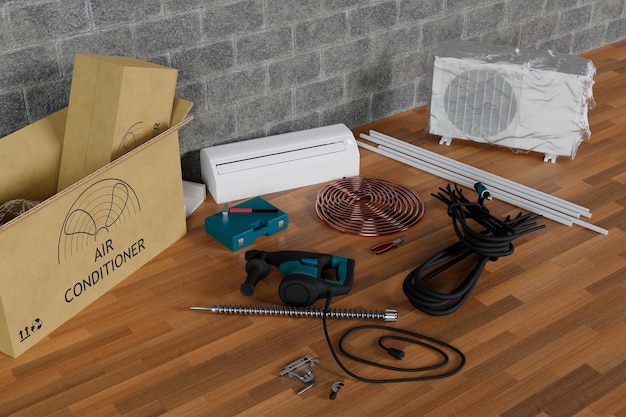 preparation of the air conditioner, consumables and tools for installation 3d