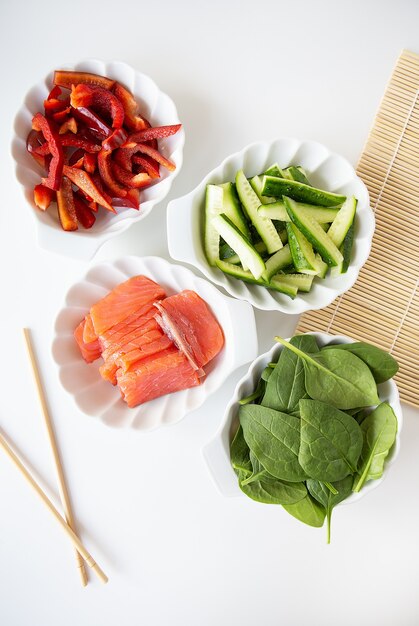 Preparation of all ingredients for cooking sushi