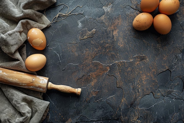 Photo preparation for baking eggs with a rolling pin on the stone table free space for text top view