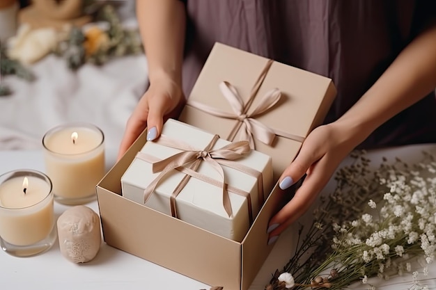 Preparation of a beauty subscription box with female hands holding assorted skincare products