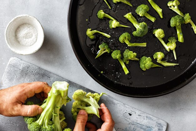 Preparation broccoli cabbage Cooking healthy food top view