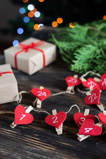 Preparation for Christmas, Handmade heart-shaped advent calendar, waiting for the holiday.